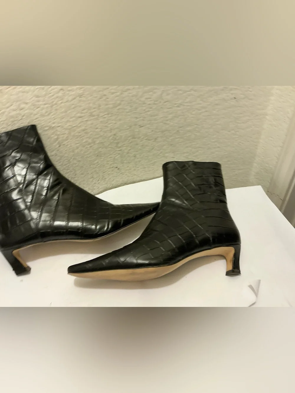 MICHAEL Michael Kors Black Croc-Embossed Pointed Ankle Booties with Gold Zip